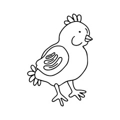 Hand drawn vector illustration of a cute little chicken in doodle style isolated on white background. Great for Easter greeting cards, poster, coloring books and logo.