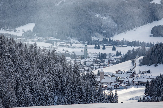 The village of Dobbiaco and San Silvestro valley after an intense snowfall, Pusteria valley, dolomites, Trentino Alto Adige, Italy