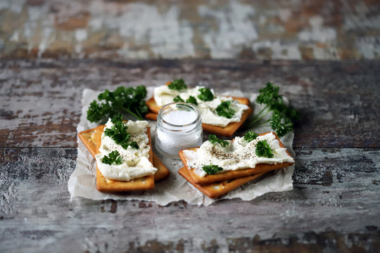 Selective focus. Philadelphia cheese crackers. Healthy snack. Keto diet. Keto snack.