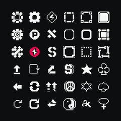 1-bit symbols icons set, gear, frame, yin yang, arrow, download, download, star, dollar, design for mobile app, logo game, sticker, web,  badges and patches. Isolated pixel art vector illustration. 