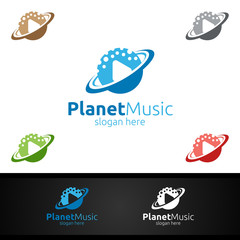 Music Logo with Planet and Play Concept