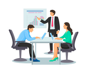 Business people characters workplace. Businessman in having business meeting, teamwork, discussion of the financial situation, promotion, presentation. Employees discussing work project cartoon vector