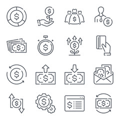 Money and investment related line icon set. Business and finance outline icons. Banking and payment vector icon collection.
