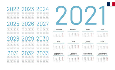 French Calendar for 2021. Week starts on Monday