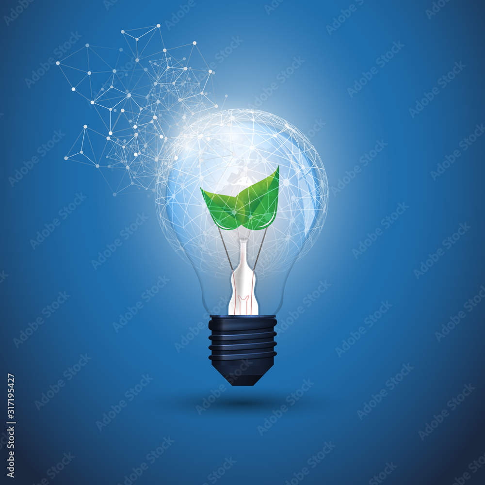 Poster abstract eco network connections concept design with earth globe and green leaves inside a glowing l