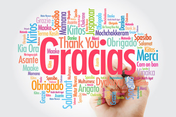 Gracias (Thank You in Spanish) word cloud in different languages with marker