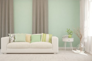Stylish room in mint color with sofa. Scandinavian interior design. 3D illustration