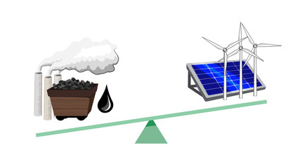 Vector image  of alternative energies and fossil fuels on a balance scale - solar panel, wind power, coal, chimneys and oil. 