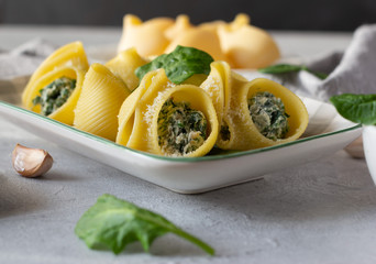 Italian pasta lumaconi stuffed with spinach and ricotta cheese, sprinkled with grated parmesan. Horizontal orientation, closeup