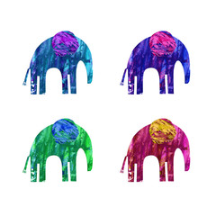 Colorful watercolor paper collage of elephants isolated on white background. Cute silhouettes of 4 African animals made of hand made craft paper. Set of blue, green, purple and turquoise elephants.