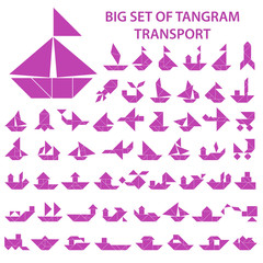 Set of vector tangram puzzles (geometric puzzle) for the development of logical thinking of children and adults. Collection of 55 monochrome silhouettes of transport and ships. Vector illustration