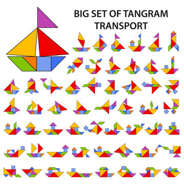Set of vector tangram puzzles (geometric puzzle) for the development of logical thinking of children and adults. Collection of 55 color silhouettes of transport and ships. Vector illustration