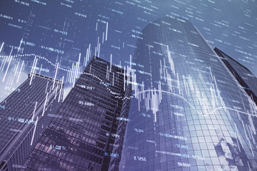Forex chart on cityscape with skyscrapers wallpaper multi exposure. Financial research concept.