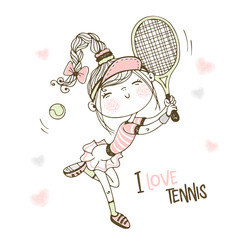 Cute girl playing tennis. I love tennis. Vector illustration.