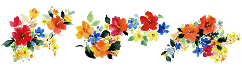Flowers watercolor illustration.Manual composition.Big Set watercolor elements.