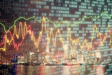 Financial graph on night city scape with tall buildings background multi exposure. Analysis concept.