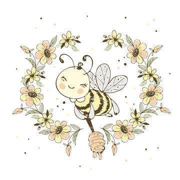Cheerful cute bee with honey in a frame of flowers. Vector.