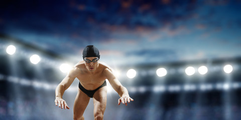 Fototapeta na wymiar Swimmer at competition. Mixed media