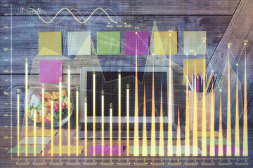 Multi exposure of forex graph and work space with computer. Concept of international online trading.