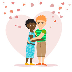 Loving couple on a background with hearts. Valentine Day template. Man and woman holding hands