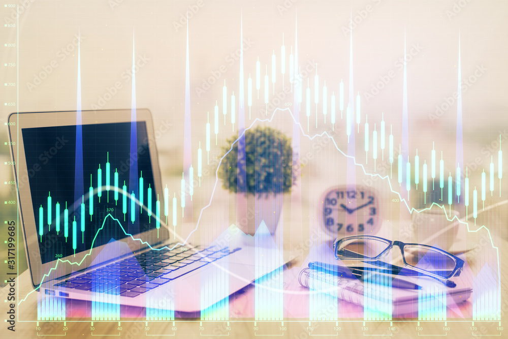 Wall mural stock market graph and table with computer background. double exposure. concept of financial analysi