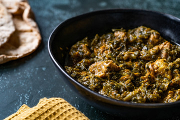 Indian Dish Spinach Lamb Palak with Chappati Flat Bread.