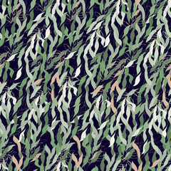 Seamless dark background with a floral pattern of green leaves. Vector illustration for fabric, tile, interior decoration.