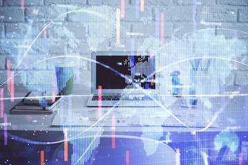 Multi exposure of business theme icons and work space with computer background. Concept of success.