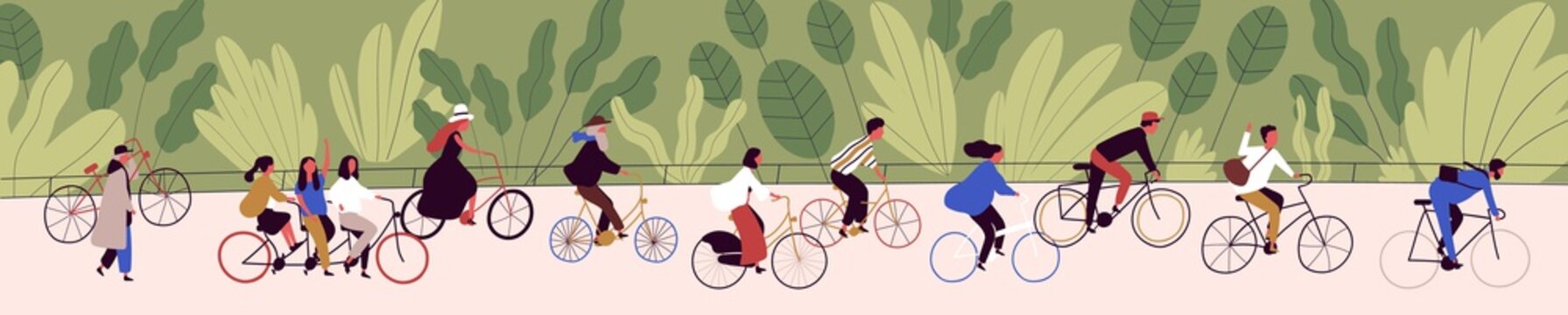 People ride bicycling at bicycle parade vector flat illustration. Active cartoon person cycling on bike path at green nature background. Concept of healthy lifestyle, sports and outdoor recreation.