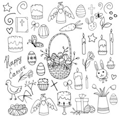 Hand drawn vector set of easter traditional symbols: easter eggs, bunny, chick, flowers, basket, willow twigs. Black outlines isolated on white background. Design for printed materials.