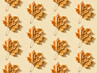 Seamless background with dry maple leaf on beige paper. Autumn foliage pattern