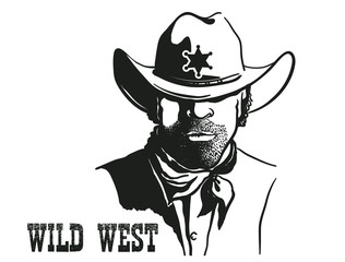 Sheriff man portrait in cowboy hat and sheriff star. Vector Western hand drawn illustration isolated on white with Wild West text