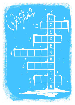 Winter frozen english crossword. Conundrum. Six words. Digital illustration.