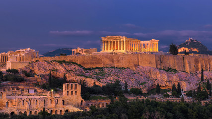 Night view of the Acropolis of Athens, with the Parthenon Temple , Athens, Greece.