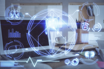 Desktop computer background and education theme drawing. Double exposure. Study concept.