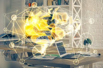 Double exposure of work table with computer and brain sketch hologram. Brainstorming concept.