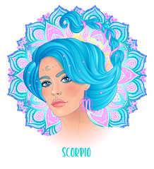 Drawing of Scorpio astrological sign as a beautiful girl over ornate mandala pattern. Zodiac vector illustration isolated on white. Future telling, horoscope, alchemy, spirituality, fashion woman.