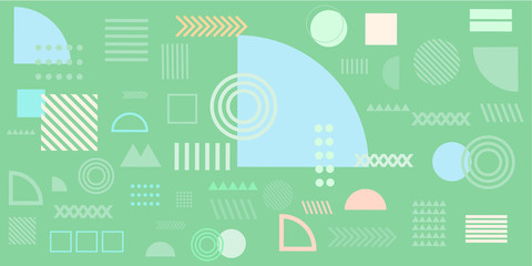 Memphis design elements simple green abstract background with circles, line, rectangle, dots, cross, mountain river egypt basic shape vector illustration for business, shirt, and many more. 