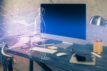 Desktop computer background in office and start up theme hologram drawing. Double exposure. Startup concept.