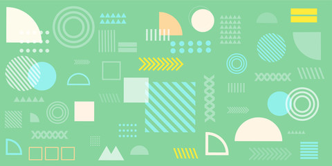 Memphis design elements simple green abstract background with circles, line, rectangle, dots, cross, mountain river egypt basic shape vector illustration for business, shirt, and many more. 