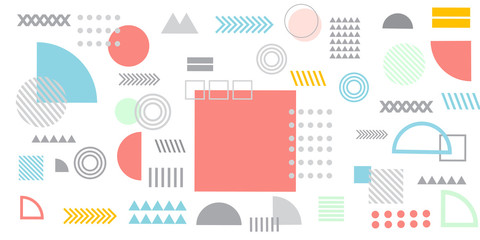 Memphis design elements simple white abstract background with circles, line, rectangle, dots, cross, mountain river egypt basic shape vector illustration for business, shirt, and many more. 