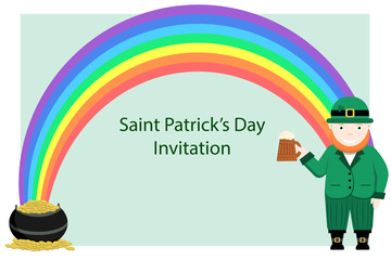 St Patrick s Background with a place for text. Rainbow joins a pot of gold and a Leprechaun holding a mug of beer. Flat vector illustraion