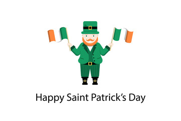 Leprechaun stands waving irish flags in his hands. Traditional national character of Irish folklore. Isolated on white background with a compliment below. Greeting card design