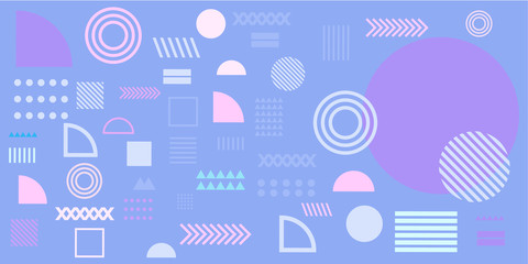 Fototapeta na wymiar Memphis design elements simple purple abstract background with circles, line, rectangle, dots, cross, mountain river egypt basic shape vector illustration for business, shirt, and many more. 