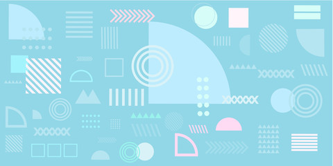 Fototapeta na wymiar Memphis design elements simple blue abstract background with circles, line, rectangle, dots, cross, mountain river egypt basic shape vector illustration for business, shirt, and many more. 