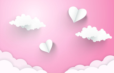 Fototapeta na wymiar Template for valentines day card with clouds and hearts. Vector image in paper cut style.