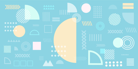 Memphis design elements simple blue abstract background with circles, line, rectangle, dots, cross, mountain river egypt basic shape vector illustration for business, shirt, and many more. 