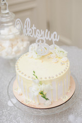 Birthday decorated cake on colorful background