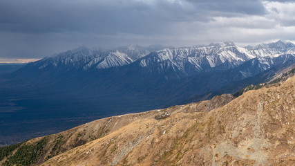 Panorama of a mountain range in the eastern Sayan mountains
