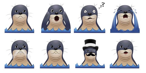 Set of seal animal heads with different emotions. Vector cartoon illustration on white background.